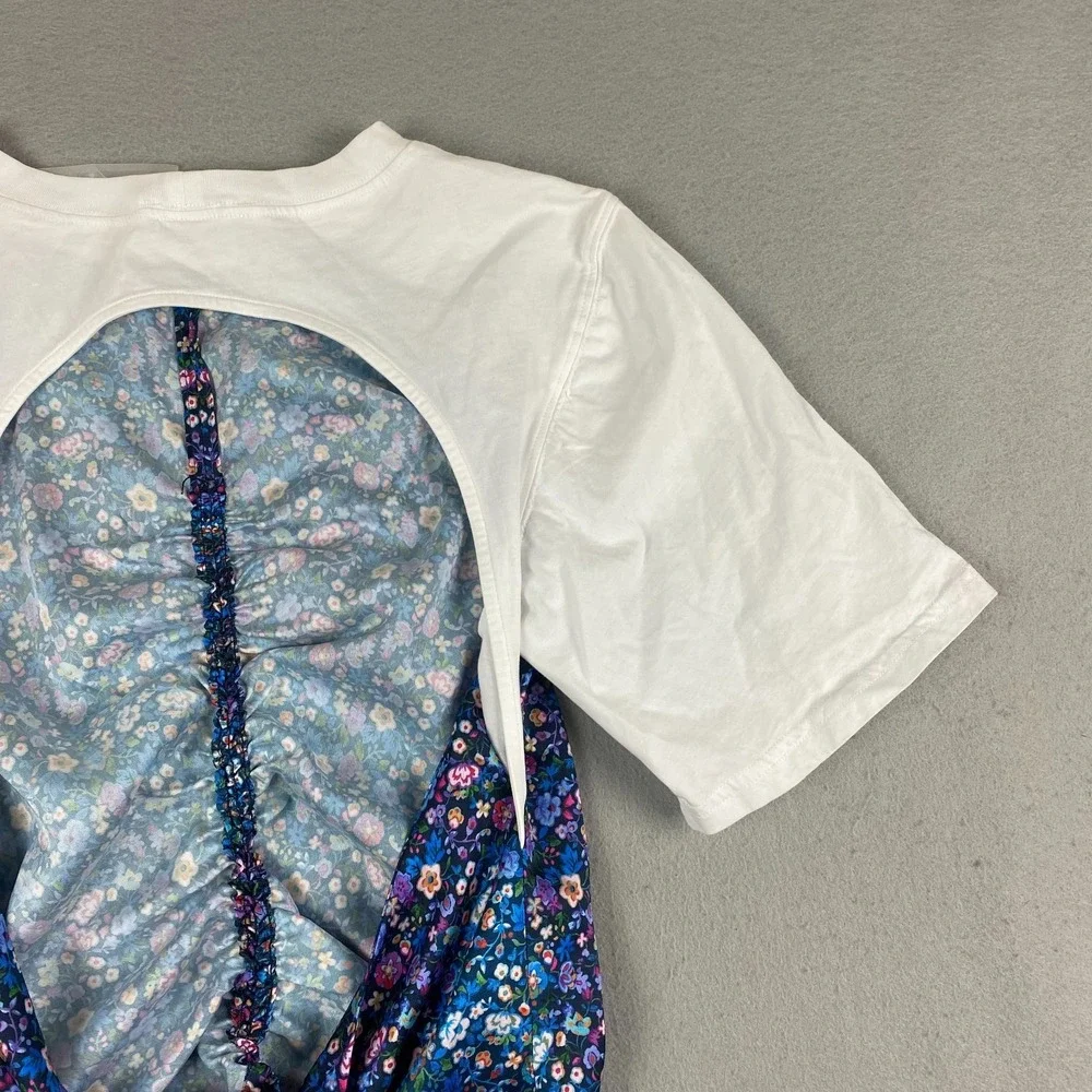 Sandro Lutetia Floral Print Mixed Media Top Open Back Tie Ruched Satin Blouse - Picture 3 of 13